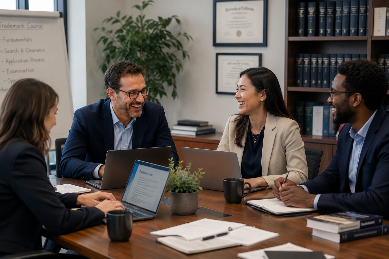 A team of legal educators discussing the trademark course curriculum around a table