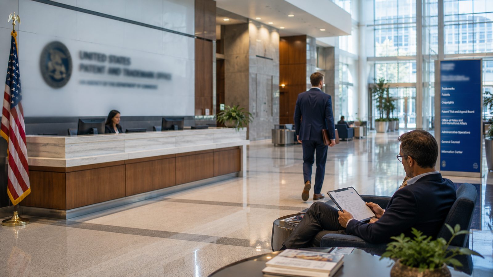 A visitor reviewing filing documents in a patent and trademark office lobby