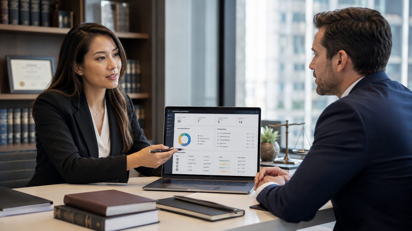 Two attorneys reviewing a trademark case monitoring dashboard