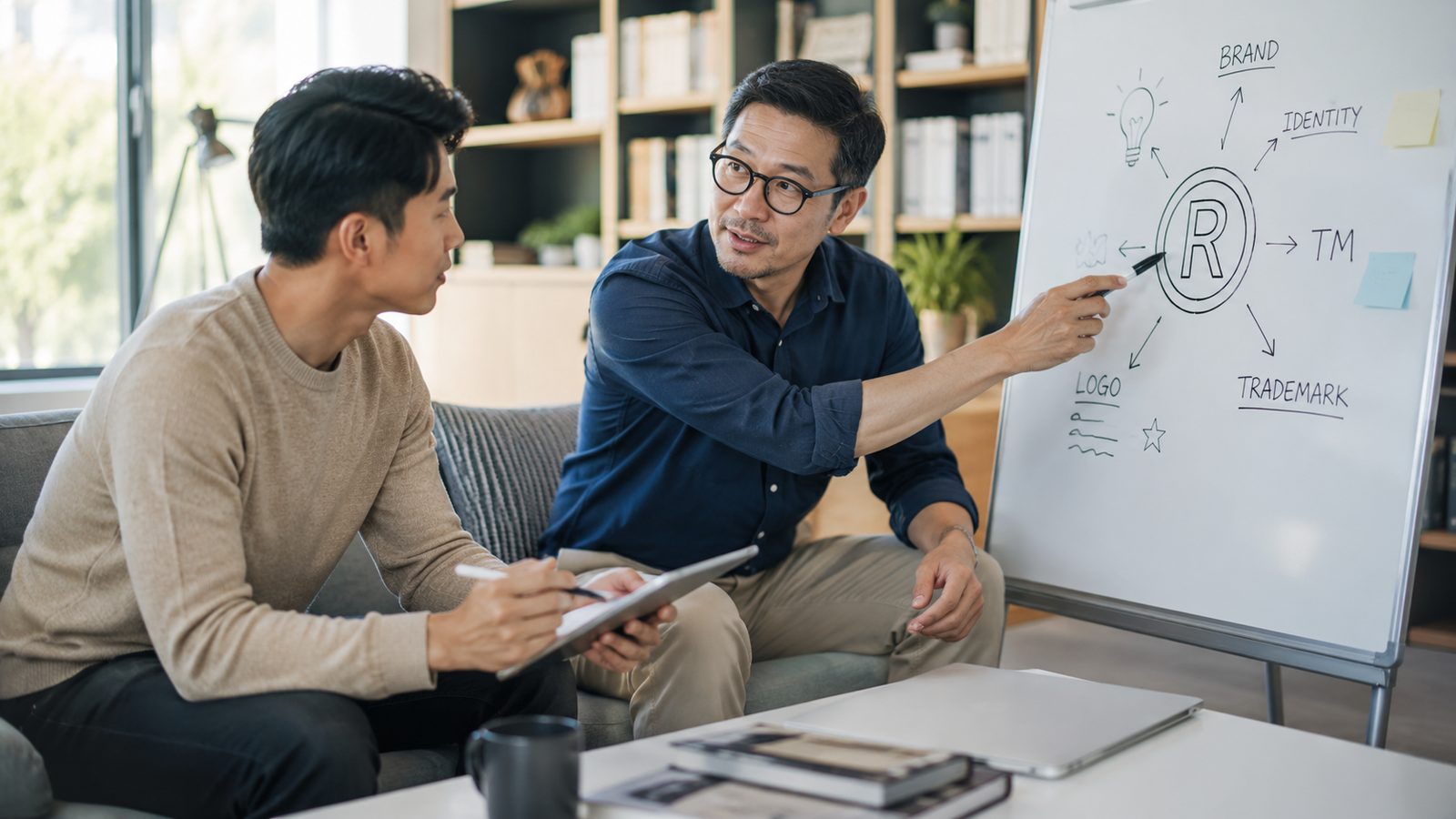 A mentor explaining trademark basics on a whiteboard to a junior colleague