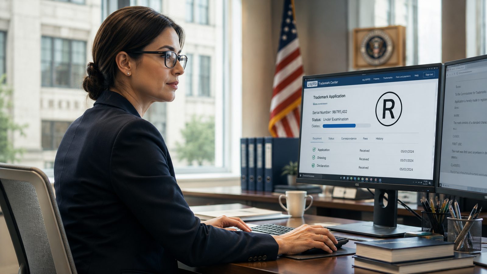 A trademark examiner reviewing a filing on the USPTO Trademark Center