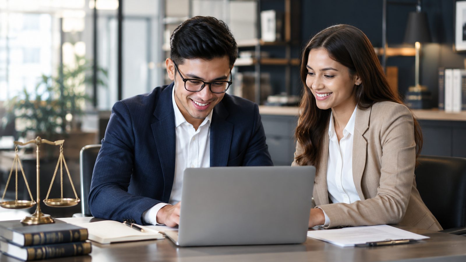 A trademark attorney and a founder reviewing a registration together on a laptop