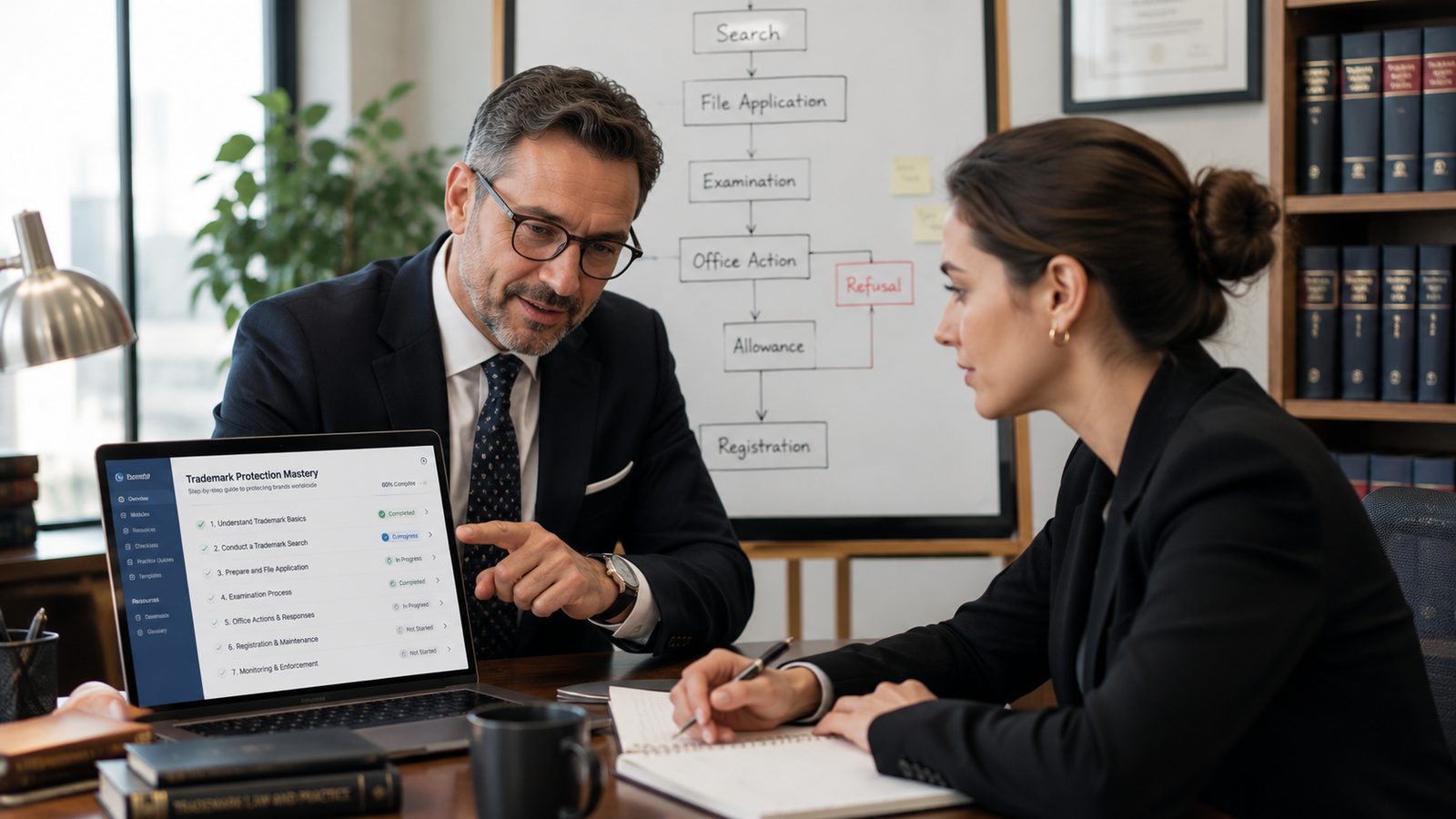 A mentor and associate reviewing a step-by-step trademark training checklist on a laptop