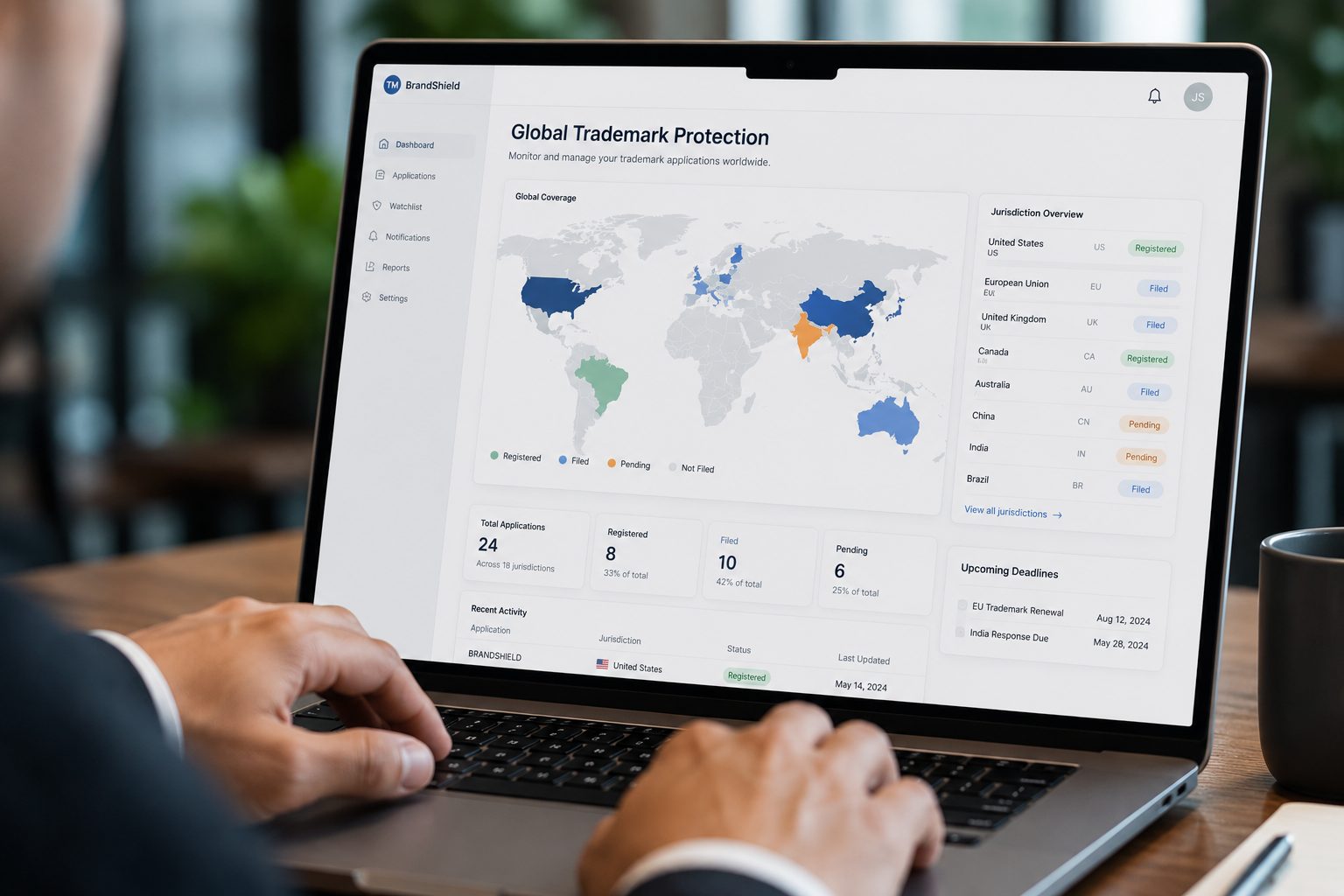 A close-up of a global trademark protection dashboard tracking filings by jurisdiction