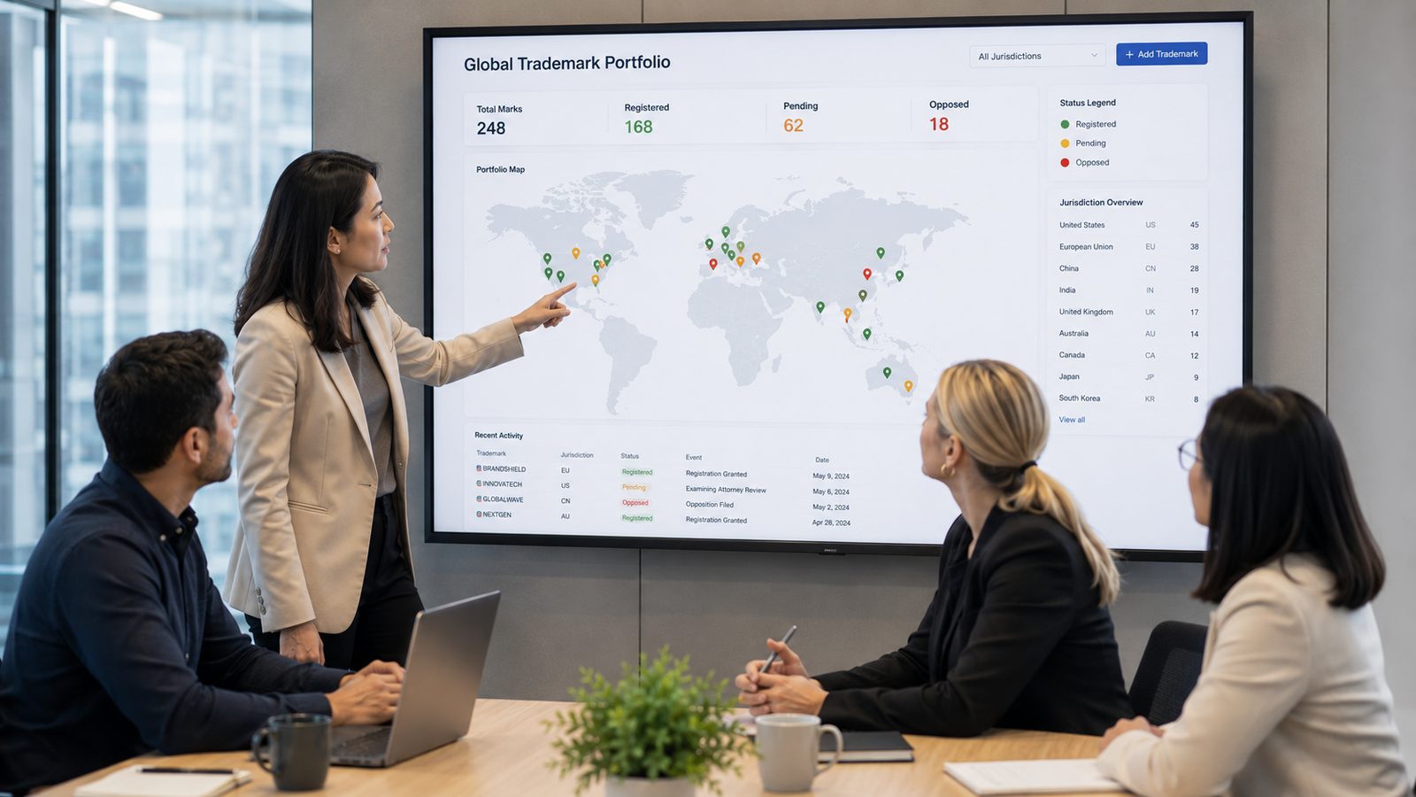 A legal team reviewing a global trademark portfolio tracker showing filing status across regions